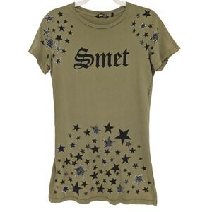 Y2K Smet Christian Audigier T-Shirt Womens L Olive Green Star Rhinestone 2000s